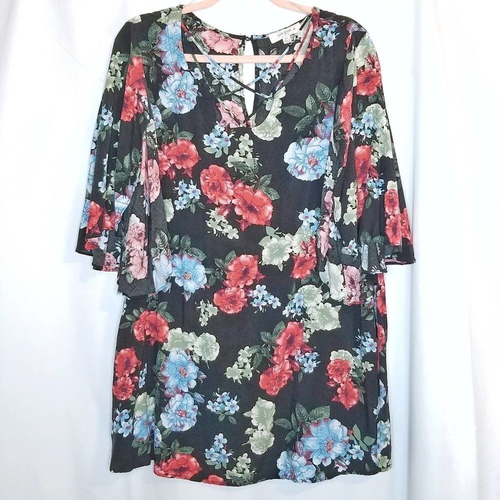Umgee Multicolor Floral Keyhole Scoop Neck Bell Sleeves Dress